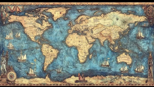 Antique-style world map with ornate nautical borders.