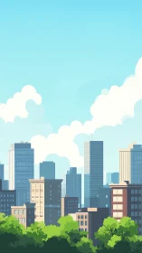 Sunlit midrise skyline contrasts with layered cartoon clouds
