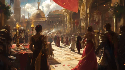 Regal courtyard revelry beneath drifting crimson banners.