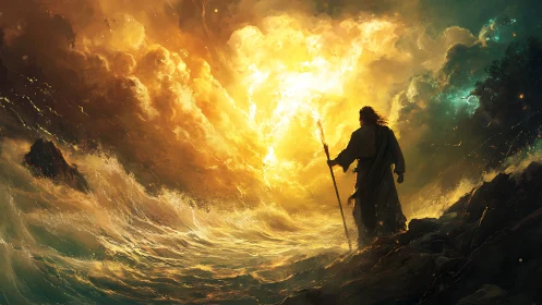 Prophet commanding stormlit sea beneath burning heavens.