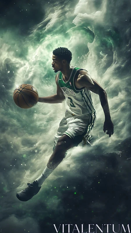 Dynamic basketball guard suspended in cosmic green vortex.