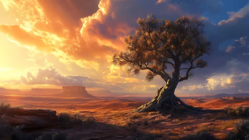 Solitary desert tree under dramatic sunset sky.