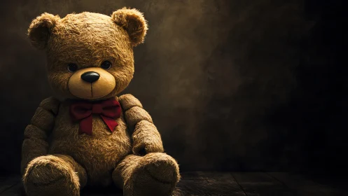 Stuffed teddy bear with red bow on dark textured background.