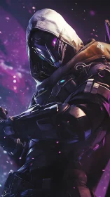 Mysterious sci fi rogue stands ready in glowing cosmic light