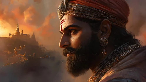 Regal warrior in profile against ancient fortress city.