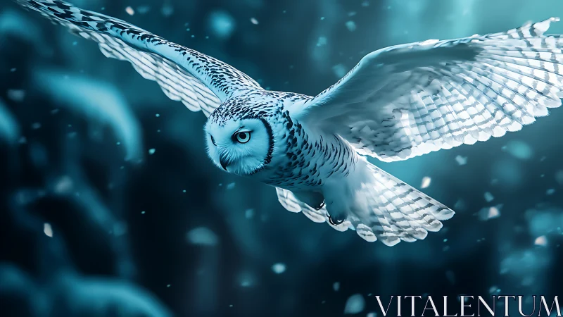 Snowy owl in flight through winter forest, ethereal blue tones.