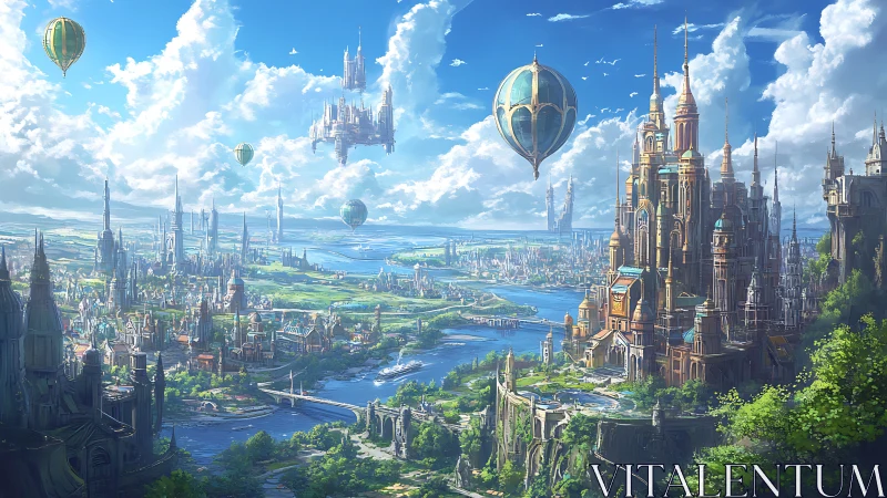 Sunlit aerial fantasy cityscape with rivers and skyships