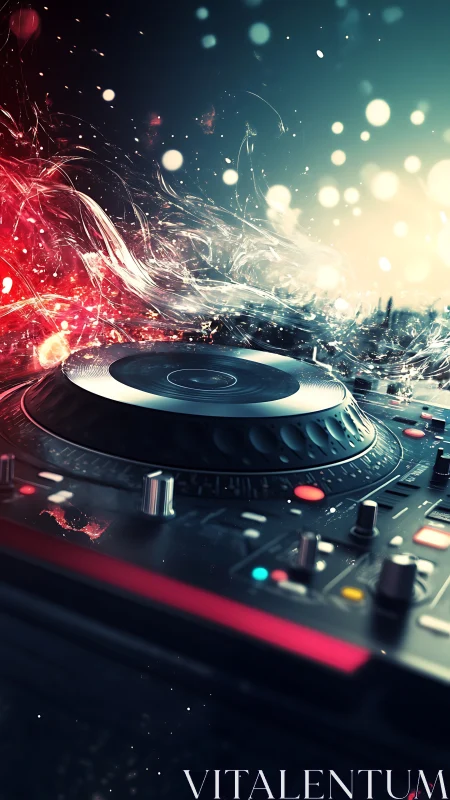 Midnight DJ console swirling with sparks of electric sound.