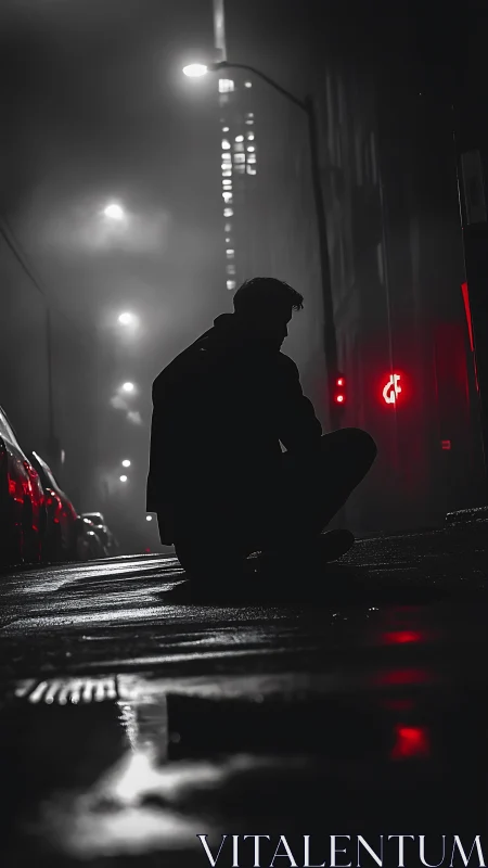 Silhouetted figure contemplates alone on a misty neon street