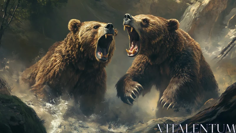 Confronting grizzly bears roaring in turbulent forest stream