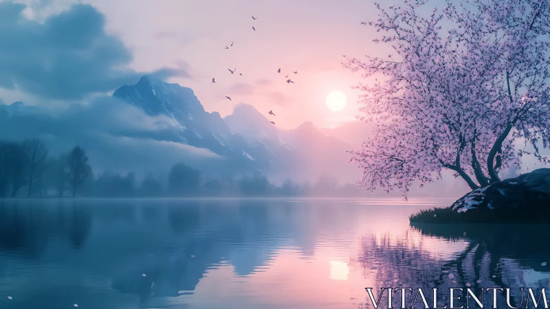 Mountain lake reflects misty peaks and blooming tree