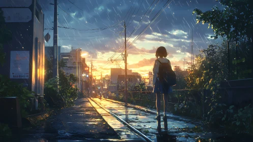 Schoolgirl on wet urban path at sunset in rainfall.