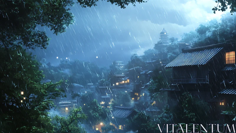 Gentle evening rain settles over a peaceful hillside village