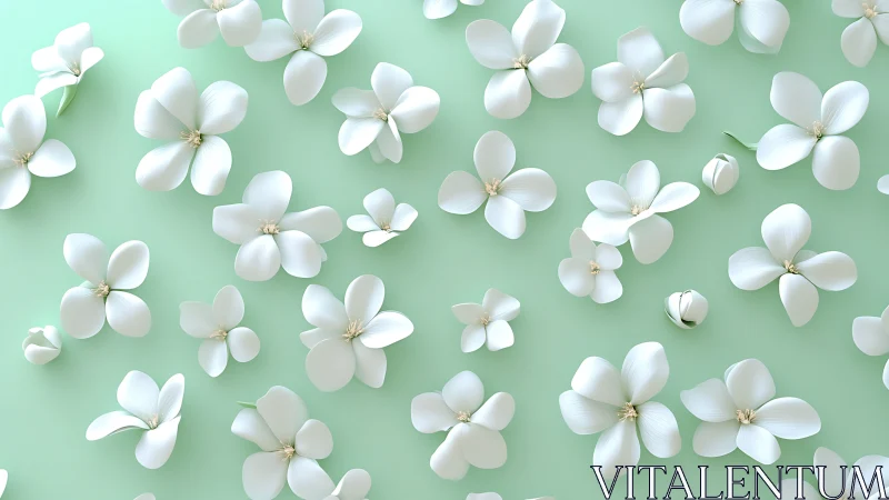Delicate white flowers bloom across soft mint green.