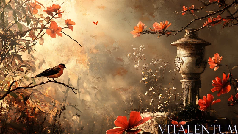 Gentle garden stillness with bird, blossoms, and warm light.