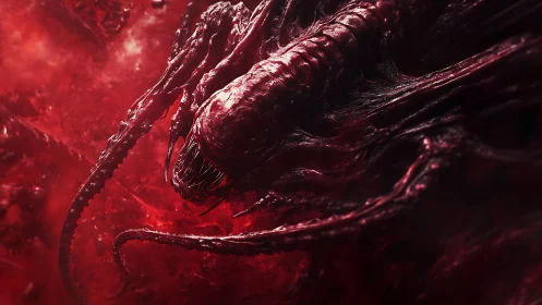 Sinister red creature emerging from swirling shadows.