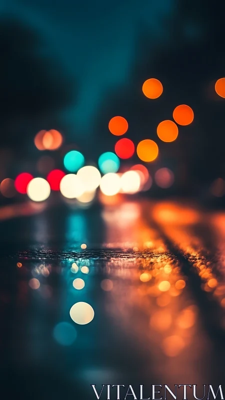 Rain-soaked city street glows under neon bokeh lights.