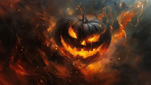 Digital painting of fiery jack-o-lantern in swirling embers.