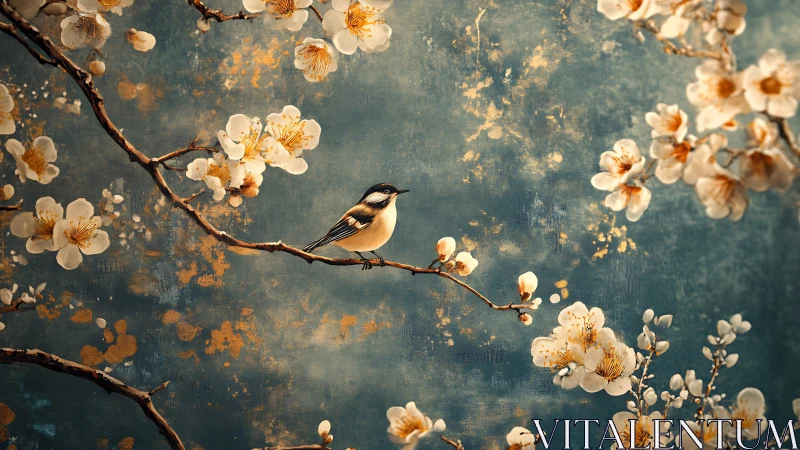 Songbird perched among blossom branches on painterly backdrop