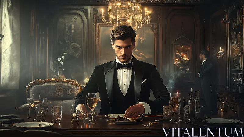 Formally dressed man dines under chandelier in ornate, dim baroque interior