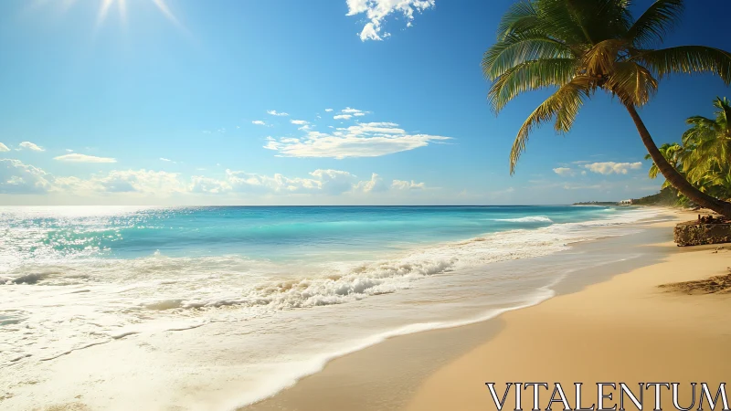 Tropical shoreline with palm trees, waves, and clear sky.
