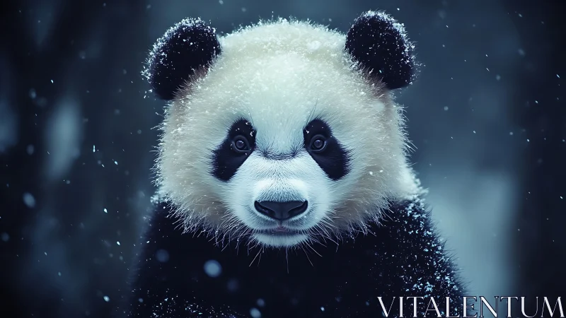 Snow-dusted panda portrait with cinematic winter lighting.
