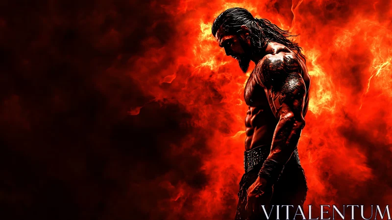 Fiery warrior stands strong against a storm of blazing flames