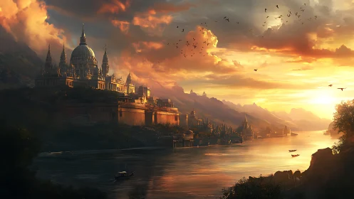 Golden river kingdom glows warmly beneath a radiant sunset