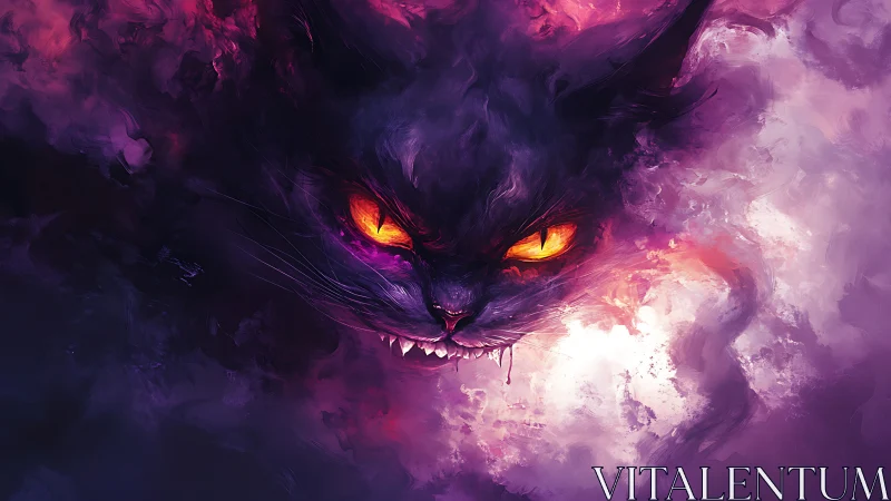 Mystic purple cat spirit with glowing eyes in swirling clouds.