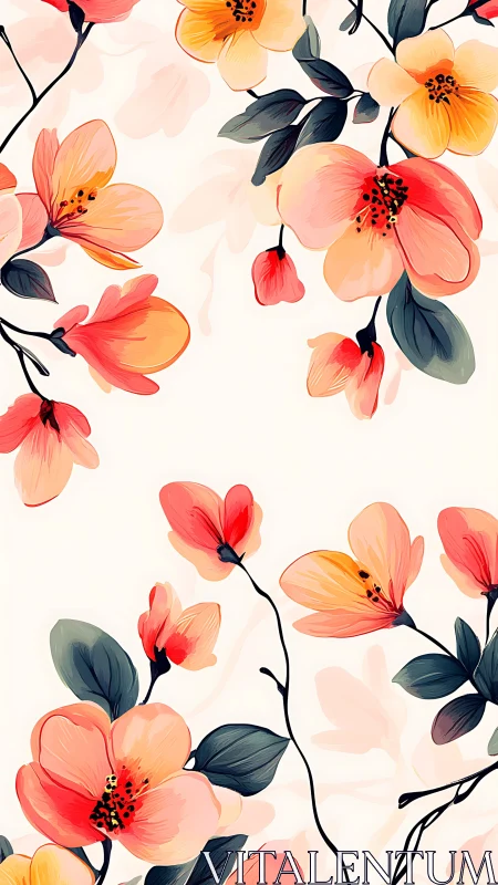 Watercolor Floral Pattern with Coral and Peach Blooms.