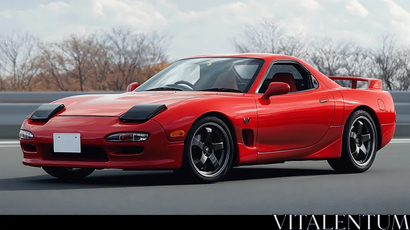 Red sports coupe on highway with raised headlamps in motion.