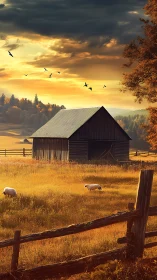 Rural barn and sheep under warm sunset sky in autumn fields.