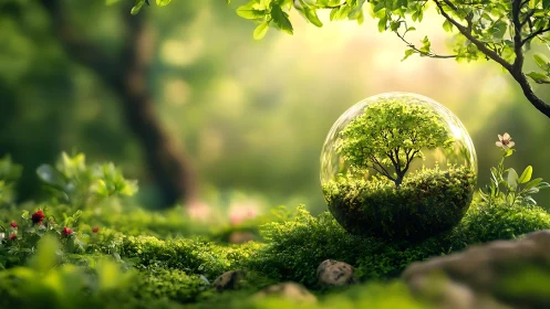 Lush Tree in Glass Sphere Terrarium, Nature Conservation Art.