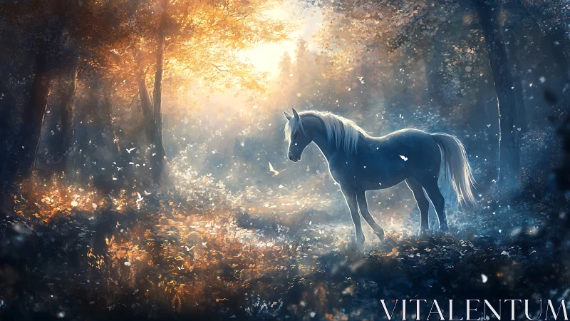 White horse stands in glowing misty forest light. Period.
