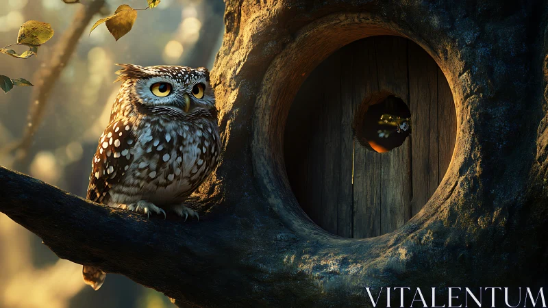 Spotted Owl Perched on Tree at Dusk in Magical Forest Scene.