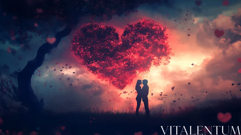 Two silhouetted figures beneath glowing heart-shaped particle formation.