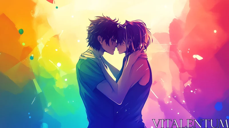 Tender anime couple against vivid rainbow backdrop.