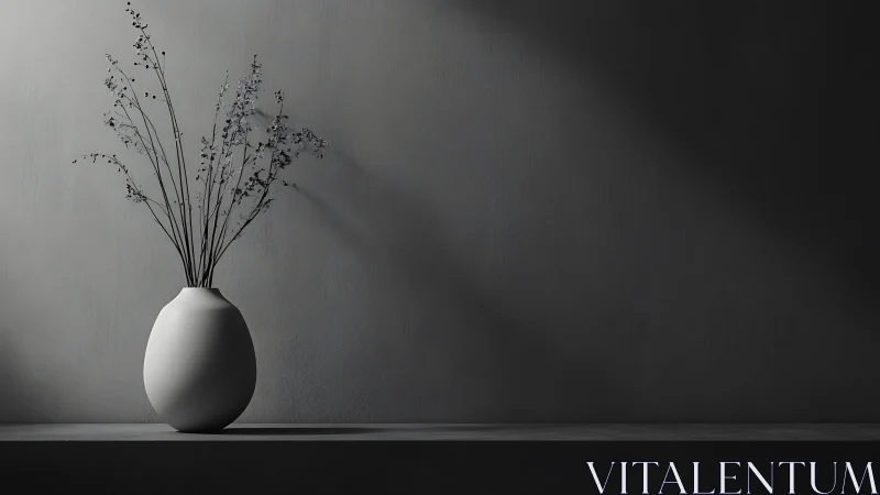 Minimalist still life with matte ceramic vase and branches.