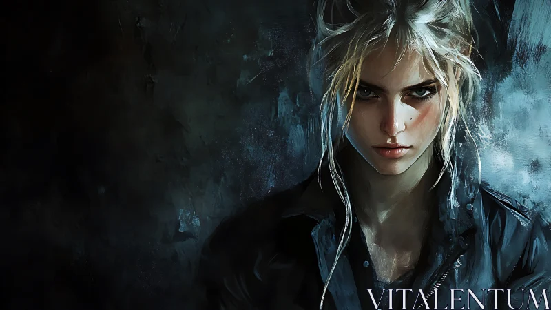 Controlled chiaroscuro portrait of intense blonde woman in leathers