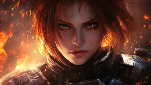 Battle-hardened warrior woman in armor amid rising flames.