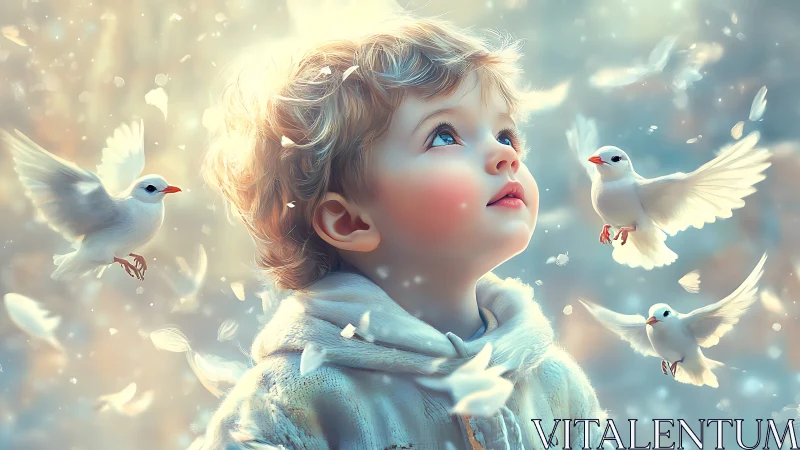Cherub's Ascension: Child Gazes Upward Amid Celestial Doves