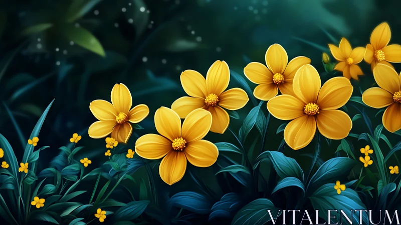 Digital illustration of yellow composite flowers with layered petals rendered against teal botanical