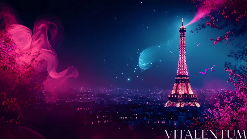 Neon Paris skyline with illuminated Eiffel Tower and magic trails