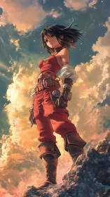 Skyward warrior stands defiant above sunlit storm clouds