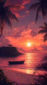 Tropical shoreline sunset with crimson sky reflections.
