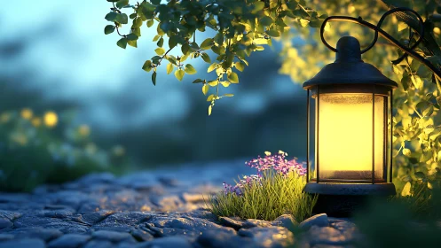 Garden lantern illuminating cobblestone path at dusk.