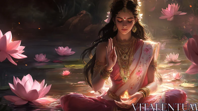 Lotus goddess meditates in glowing dusk-lit sacred waters