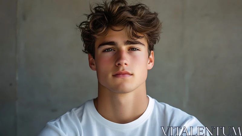 Calm young man in soft daylight against muted wall backdrop.