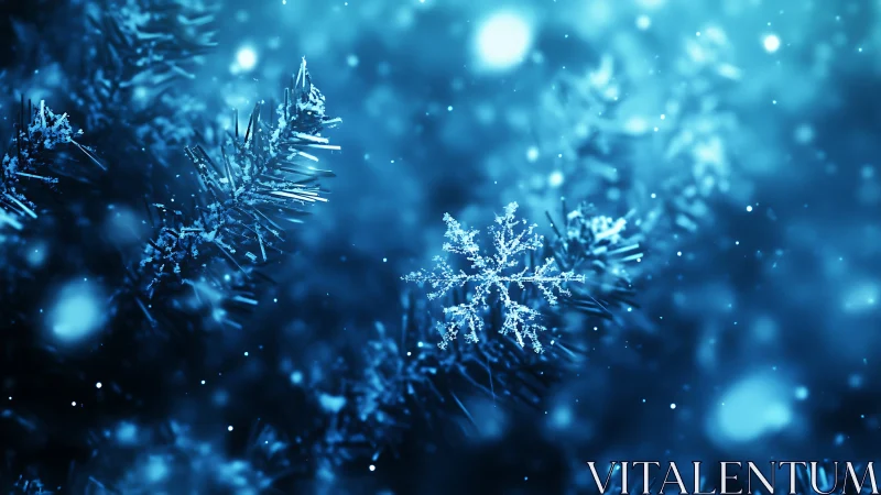 Macro snowflake resting on frosted pine needles in blue light.