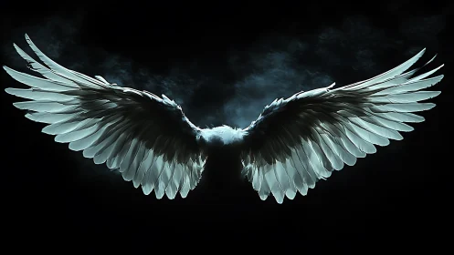 Luminous white wings extend symmetrically in dark void